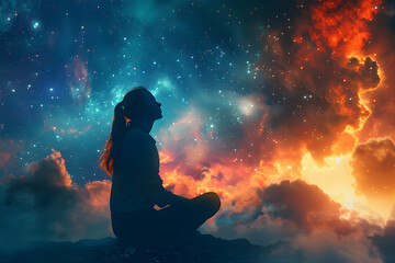 Wall Mural - Woman silhouette meditating on cosmic background, spiritual awakening and meditation concept.