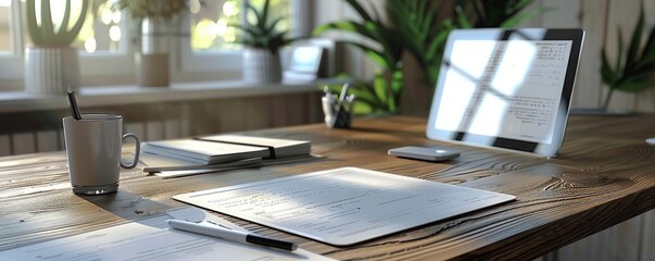 Generate a realistic photo of a modern office desk with a tablet, a stylus, and a stack of documents