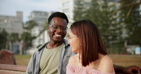 Poster - Couple, smile and outside bench or together for bonding, relationship and commitment or laughing on date. Romance, happy and summer vacation or talking, care and weekend break for people in love