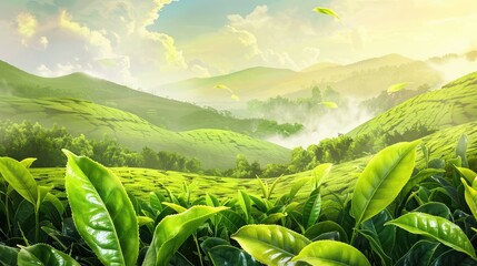 Wall Mural - Background of a Tea Plantation with Green Tea Leaves