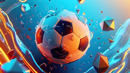 Wall Mural - Close-up of a soccer ball surrounded by fluid neon elements and polygonal shapes, with a gradient background of blue and orange