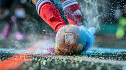 Wall Mural - The vibrant spray of chalk as a player kicks the ball off the line