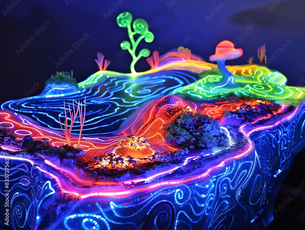 Emphasize Flow A vibrant, neon-lit portrayal of the hydrologic cycle in a 4:3 format ...