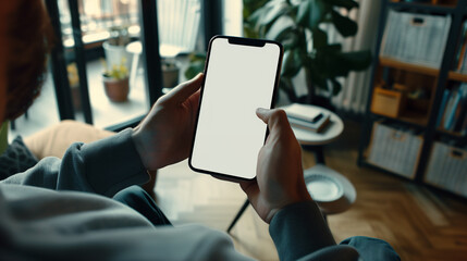 person using smartphone in the living room with white blank screen display mockup