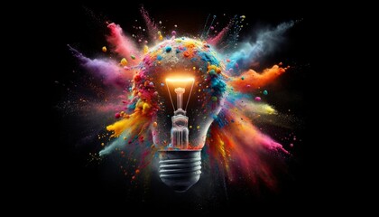 Creative light bulb explodes with colorful powder paint and splashes isolated on a black background. Think differently creative idea concept