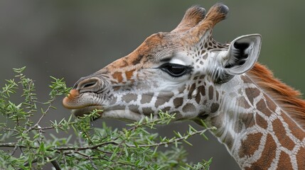 Wall Mural -  A tight shot of a giraffe plucking leaves from a tree, its reflection in the clear eyes Another giraffe stands at a distance in the foreground Blurred background trees