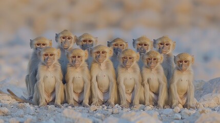 Wall Mural -  A group of monkeys sits together on a sandy ground Their background is indistinct Another group of monkeys stands in the midst of the scene
