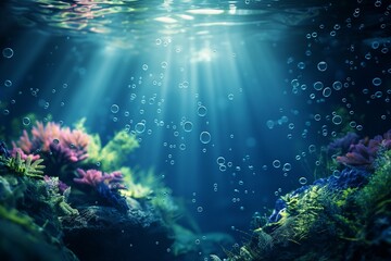 A 3D background of a deep underwater scene, with vibrant coral reefs and floating bubbles creating a sense of depth, illuminated by shafts of sunlight from above.