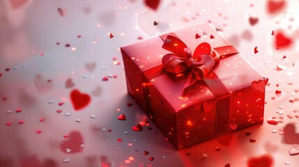 Poster - Valentine s Day Red Gift Box with Ribbon and Hearts on a Light Background