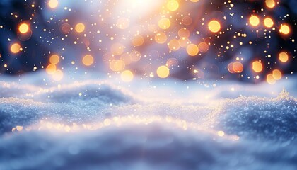 Close-up blurry holiday lights with small snowdrifts, beautiful background image, winter landscape photography, festive decorations ambiance.