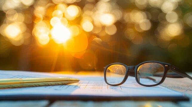 a pair of glasses sits atop one piece of paper, while another glass lies near a pen on the same surf