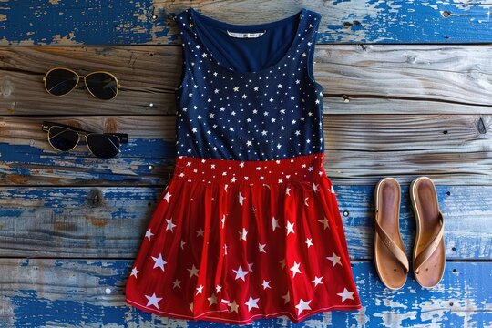 A fun and flirty skirt in bold red with white polka dots, paired with a navy blue tank top featuring a sequined American flag motif, accessorized with aviator sunglasses and sandals.