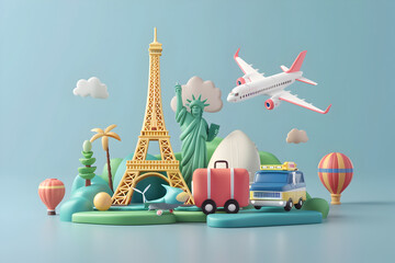 
Collection of Travel Tourism 3d icon, Trip Planning World Tour. Holiday Vacation, Travel and Transport concept.