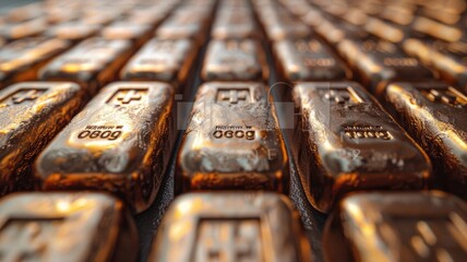 Gold bars on nugget grains background, close-up