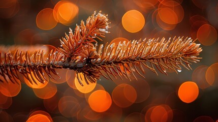 Wall Mural -  A tight shot of pine tree needles with a softly blurred background of twinkling lights among the trees in the foreground