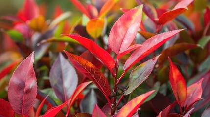 Canvas Print - Photinia Varieties including Fraser Photinia Red Tipped Photinia and Red Tops Photinia x fraseri with vibrant red and green evergreen leaves in the background