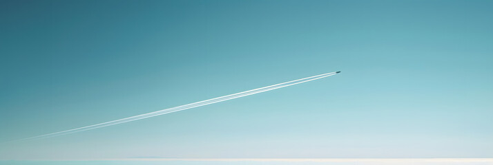 Wall Mural - an airplane is captured in mid-flight, leaving a faint trail behind it. The sky is clear with no clouds