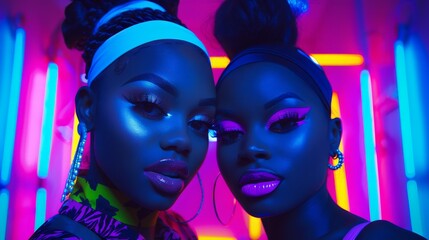 Wall Mural -  Two women posing beside a neon-colored wall A neon light illuminates their faces from one side