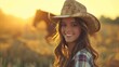 © Mikus - A woman in a cowboy hat stands before a horse in a tall grass field Sun sets behind, distant horse included