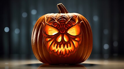 about Halloween pumpkins with spider on a shiny light background.