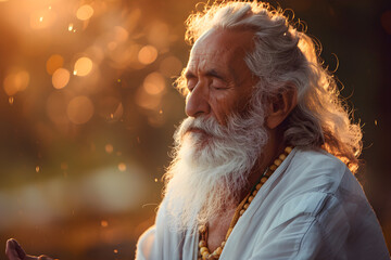 Wall Mural - an old man meditating to balance his energy chakras, promoting wellness and inner peace.