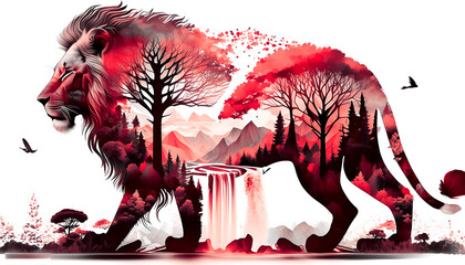 Wall Mural - Red monochrome Creative photo poster with double exposure with icon of lion 