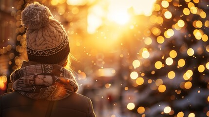 Wall Mural -  A person in hat and scarf stands before a lit Christmas tree Sun filters through tree's back, illuminating hat and scarf's edges