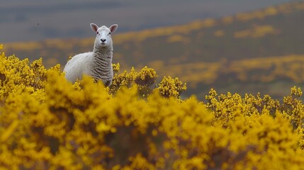 Wall Mural -  A sheep stands in a field, surrounded by yellow flowers in the foreground Behind it, a hill rises, adorned with a cluster of yellow blooms at its peak