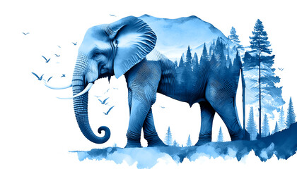 Wall Mural - Creative photo poster with double exposure with icon of elephant 