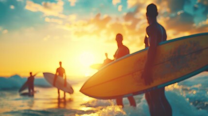 Wall Mural -  A group of people stand on a beach, surfboards in hand before a setting sun and ocean Clouds dot the sky above