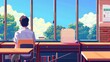 © yusuf - male student sitting alone in class looking out the window on a sunny morning. pixel art