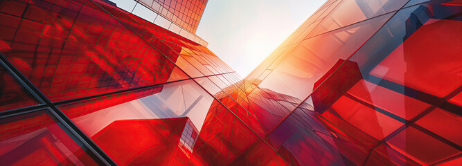 Red glass facade reflecting sunlight in a modern cityscape. A low-angle perspective of a red glass skyscraper facade reflecting sunlight, creating an abstract geometric background pattern