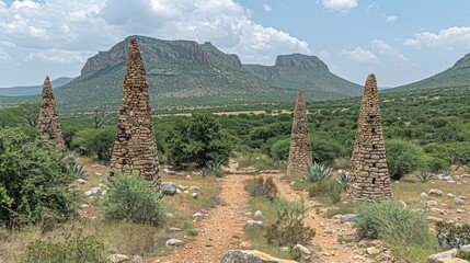  A dirt path, bisecting a lush grassy expanse, frames mountains in the backdrop Few rocks jut from the grass, bordering the trail in the foreground