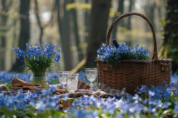 Wall Mural - A luxurious picnic spread amidst the anemones and bluebells in Hallerbos, with a crystal wine glass and a gourmet basket.