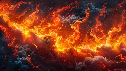 Wall Mural - Fiery lava explosions with vibrant orange and red hues, billowing black smoke, perfect for dramatic backgrounds with text copy space.