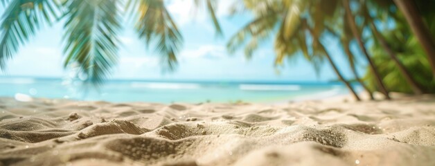 Wall Mural - Beautiful beach background with golden sand and blue sky. Summer vacation concept, banner for product display presentation. Blurred tropical sea and palm trees on a blurred background