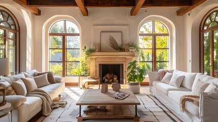 Rustic coffee table between sofa and chairs against fireplace and arched windows. Mediterranean modern cottage style home interior design of modern living room.