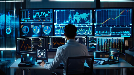 Canvas Print - A man is sitting at a desk with multiple computer monitors in front of him