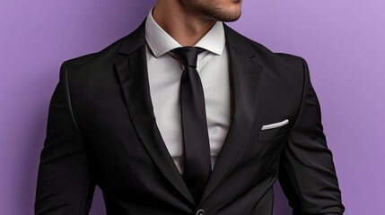 Canvas Print - Male fitness model in a formal black suit with a white shirt and black tie, isolated on a lavender background