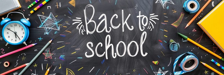 Aufkleber - Immerse yourself in the dynamic Back to School supplies world featuring Colorful School Supplies on a Chalkboard Background. Perfect for fostering an interactive classroom ambiance