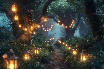 Wall Mural - A magical forest path lit by lanterns