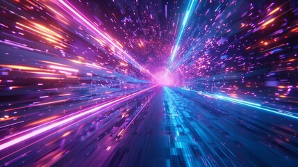 A futuristic neon billboard bursting with dynamic purple and blue gradients, showcasing a digital explosion of light and speed.