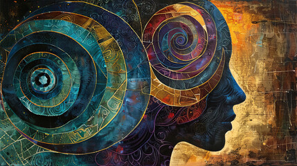 Artistic depiction of mental states using abstract forms and contrasting colors, with symbolic imagery like labyrinths and spirals to represent the mind's complexity