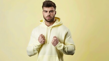 Poster - Male fitness model in a pastel yellow hoodie posing athletically, isolated on a pastel yellow background