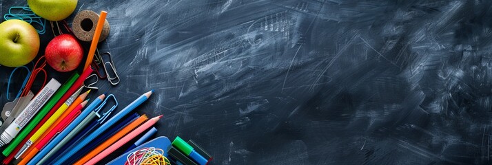 Poster - Prepare for Back to School with a vibrant assortment of supplies on a chalkboard for a creative classroom. Students and teachers can enjoy a fun learning environment with educational tools