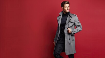 Poster - Male fitness model in a sleek gray trench coat with black pants, isolated on a ruby red background