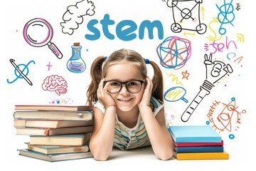 Leinwandbilder - An illustration of a student in a STEM education setting, surrounded by tools, symbolizes learning, creativity, innovation, and exploration in science, technology, engineering, and mathematics