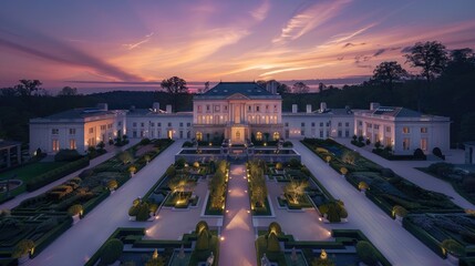 Wall Mural - A bird's-eye view of a sprawling white mansion at twilight, capturing the symmetrical layout and extensive gardens under a softly glowing sky.