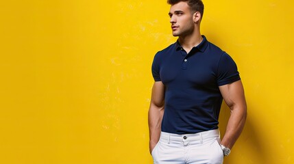 Wall Mural - Male fitness model in a stylish navy blue polo shirt with white chinos, isolated on a lemon yellow background