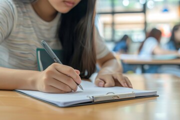 Poster - A dedicated young student is focused on studying and writing in a notebook, either in a library or classroom, committed to academic pursuits and demonstrating concentration and determination